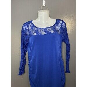 Motherhood Maternity Dress Womens Medium Blue Lace Ruched Bodycon Knee Length